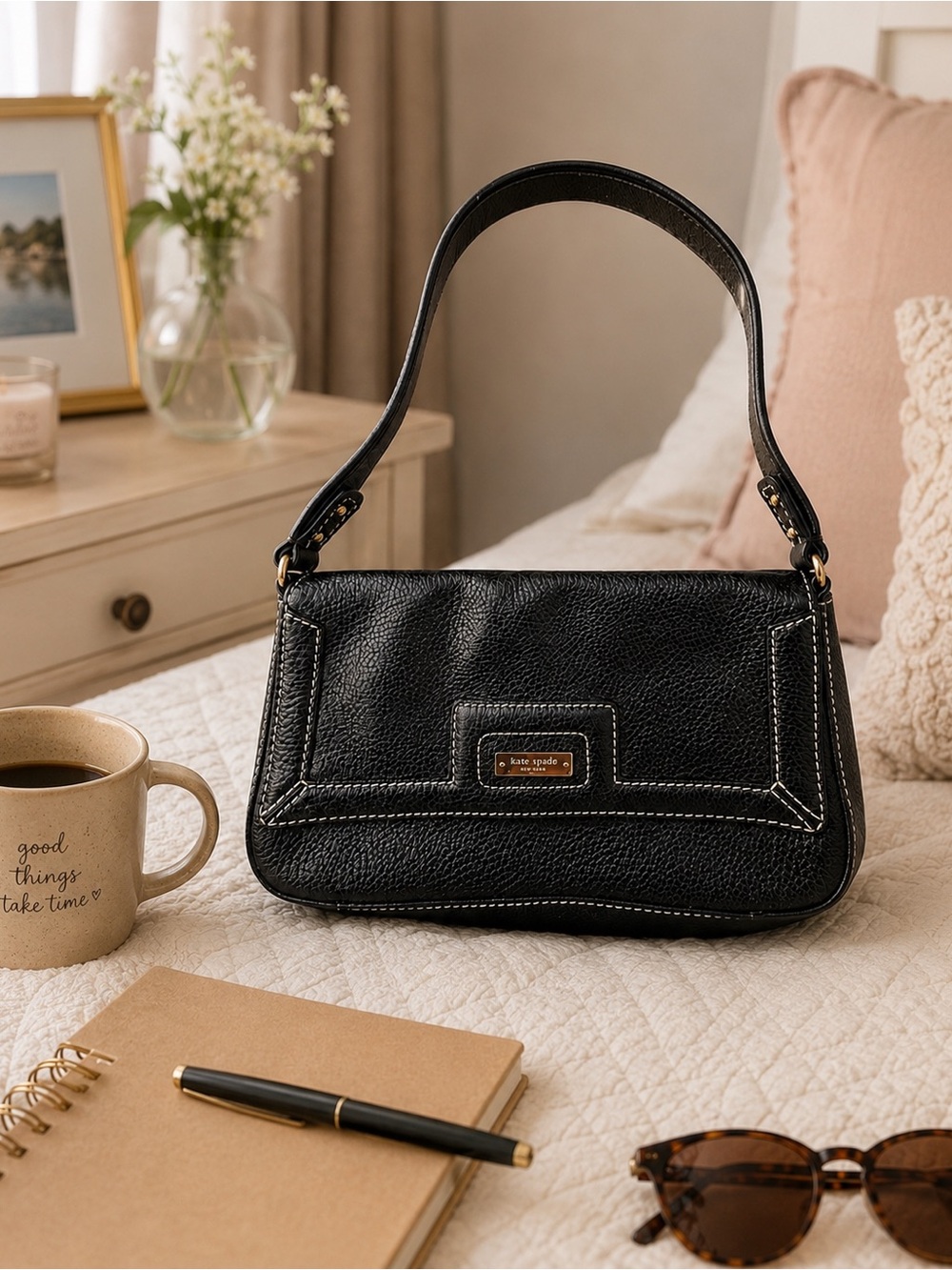 Kate Spade New York Black Pebbled Leather Shoulder Bag Green Jacquard Lining